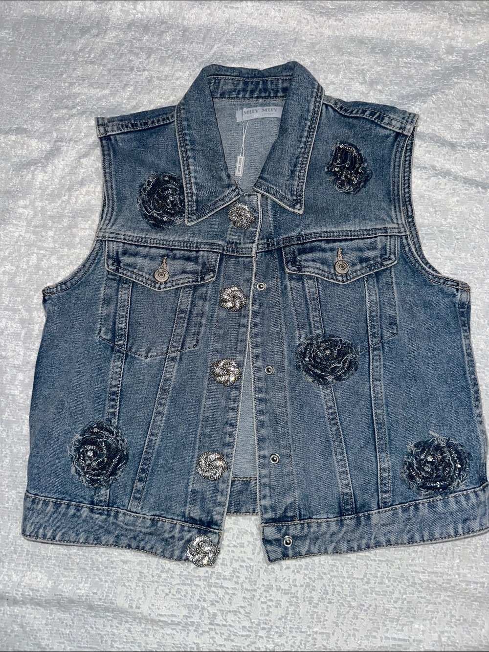 Embellished Denim Vest with Floral Appliqués